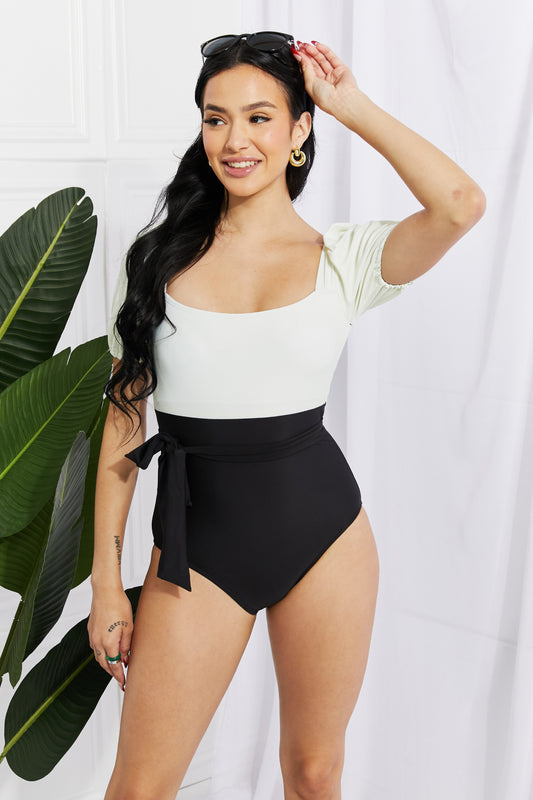 Marina West Swim Salty Air Puff Sleeve One-Piece in Cream/Black-Teresa&#39;s Fashionista LLC