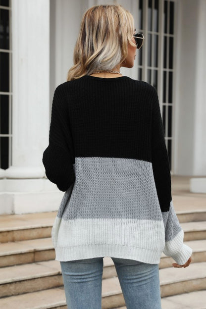 Color Block Long Sleeve Chunky Knit Sweater-Teresa&#39;s Fashionista LLC