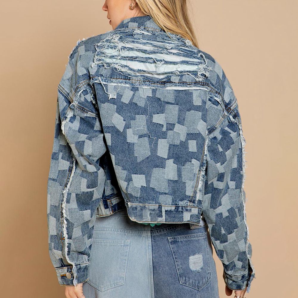 Plaid Raw Hem Dropped Shoulder Denim Jacket-Teresa&#39;s Fashionista LLC