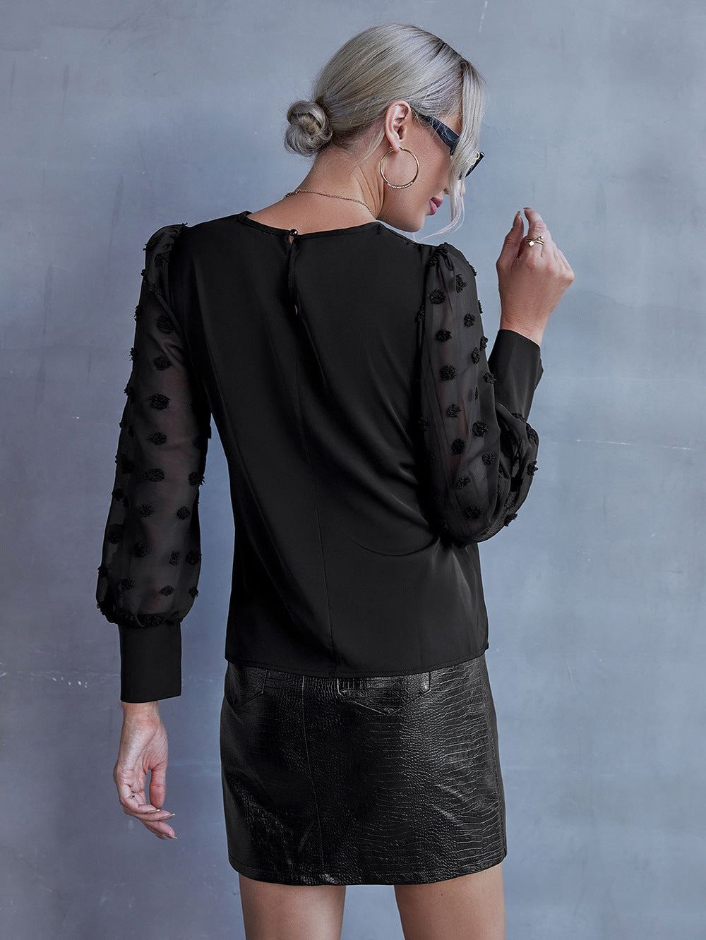 Swiss Dot Lantern Sleeve Round Neck Blouse-Teresa&#39;s Fashionista LLC