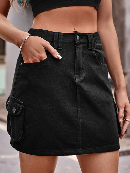 Denim Mini Skirt with Pockets-Teresa&#39;s Fashionista LLC