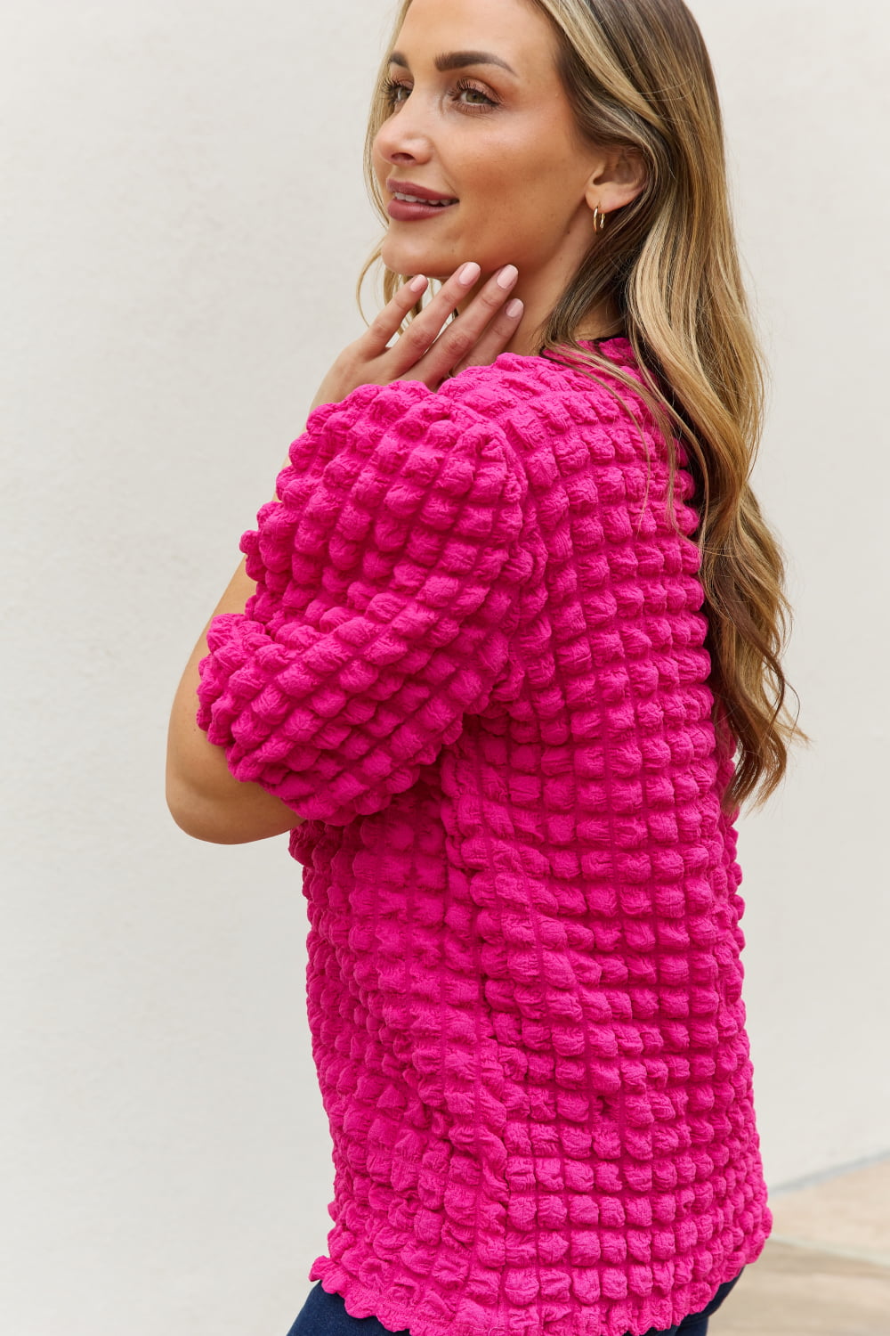 And The Why Full Size Bubble textured Puff Sleeve Top-Teresa&#39;s Fashionista LLC