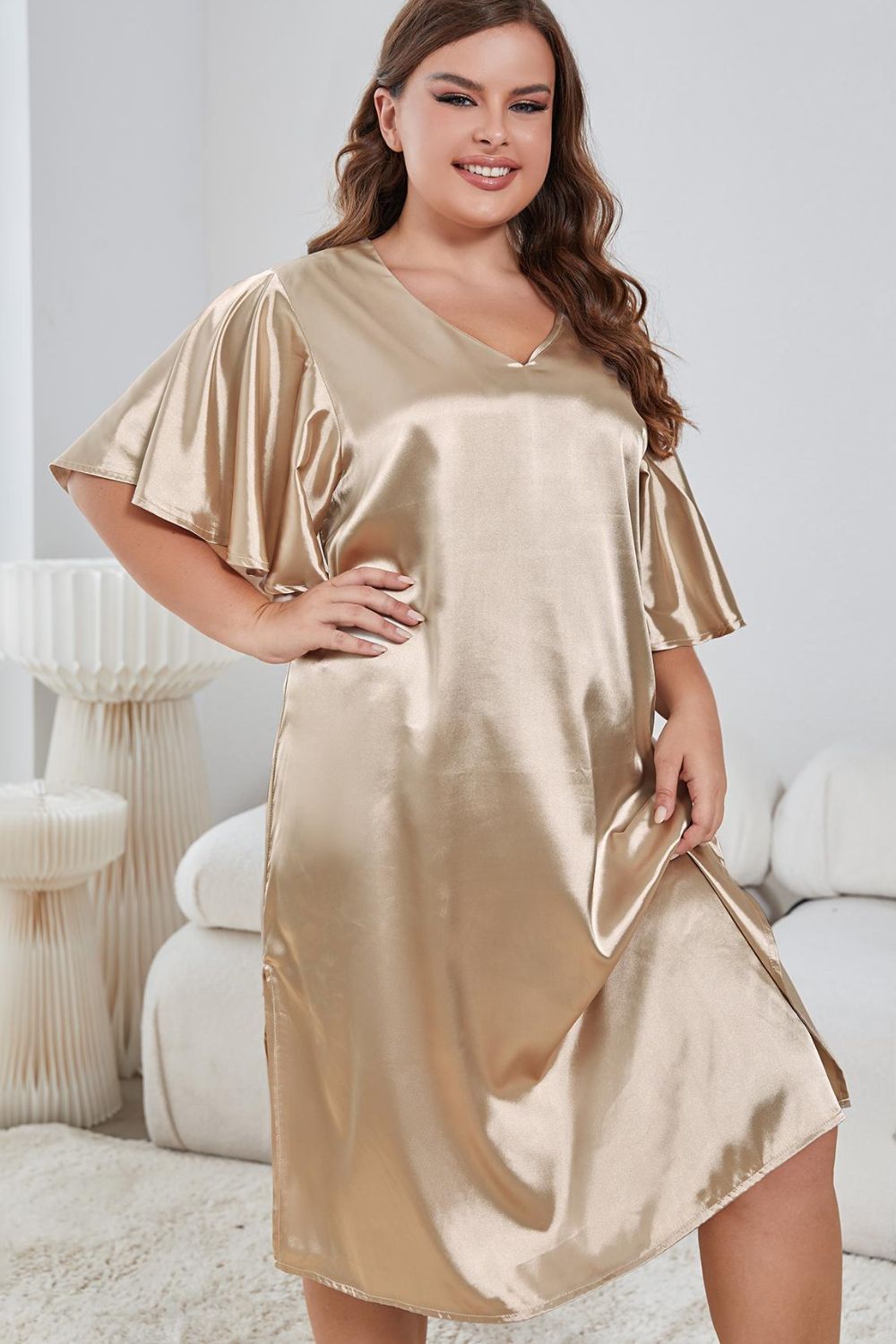 Plus Size Flutter Sleeve V-Neck Side Slit Night Gown-Teresa&#39;s Fashionista LLC