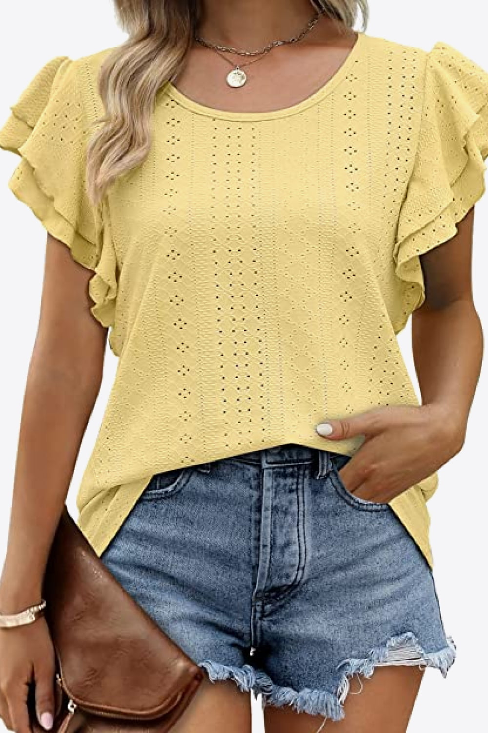 Round Neck Layered Flutter Sleeve Blouse-Teresa&#39;s Fashionista LLC