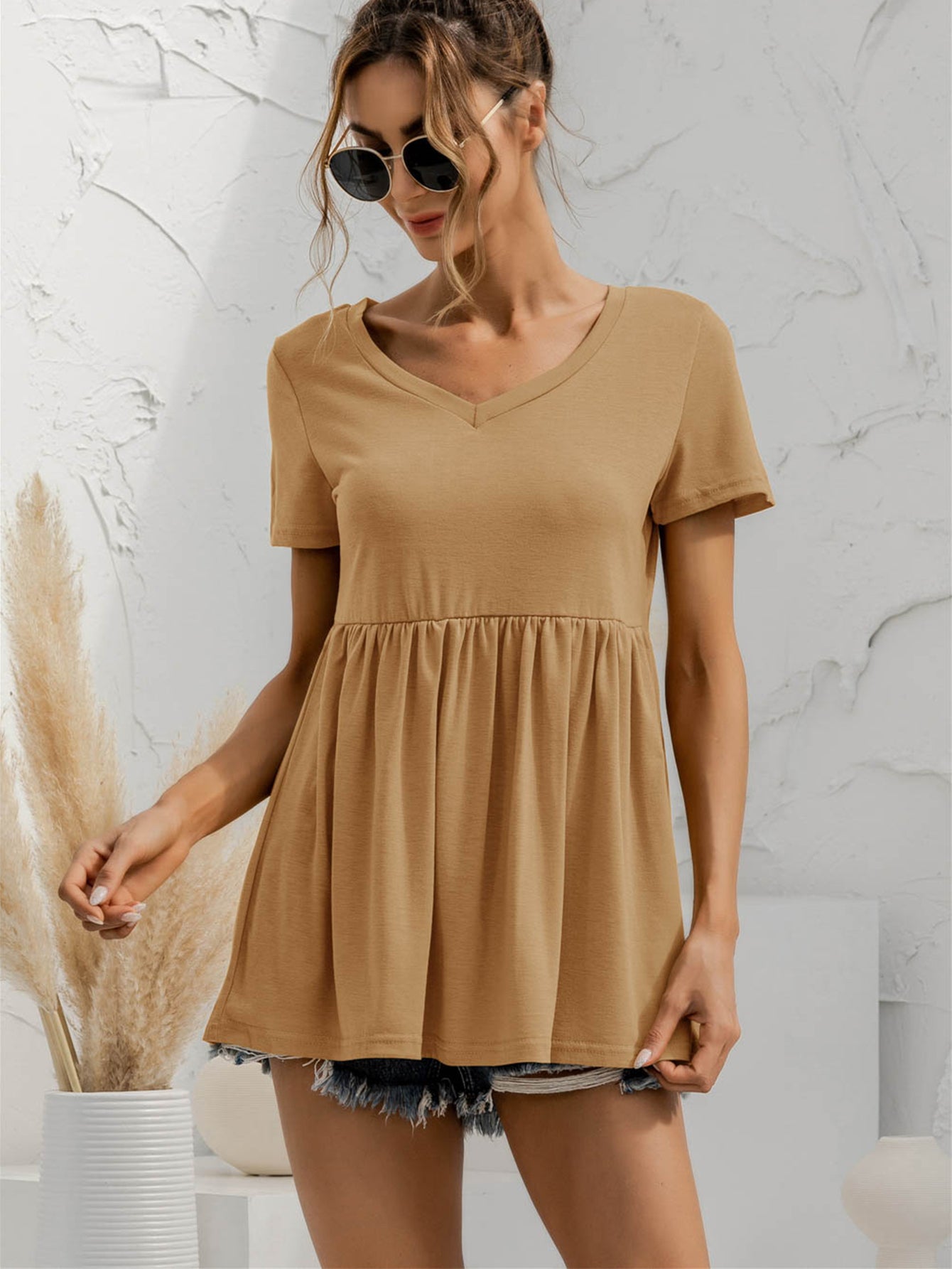 V-Neck Short Sleeve Babydoll Top-Teresa&#39;s Fashionista LLC