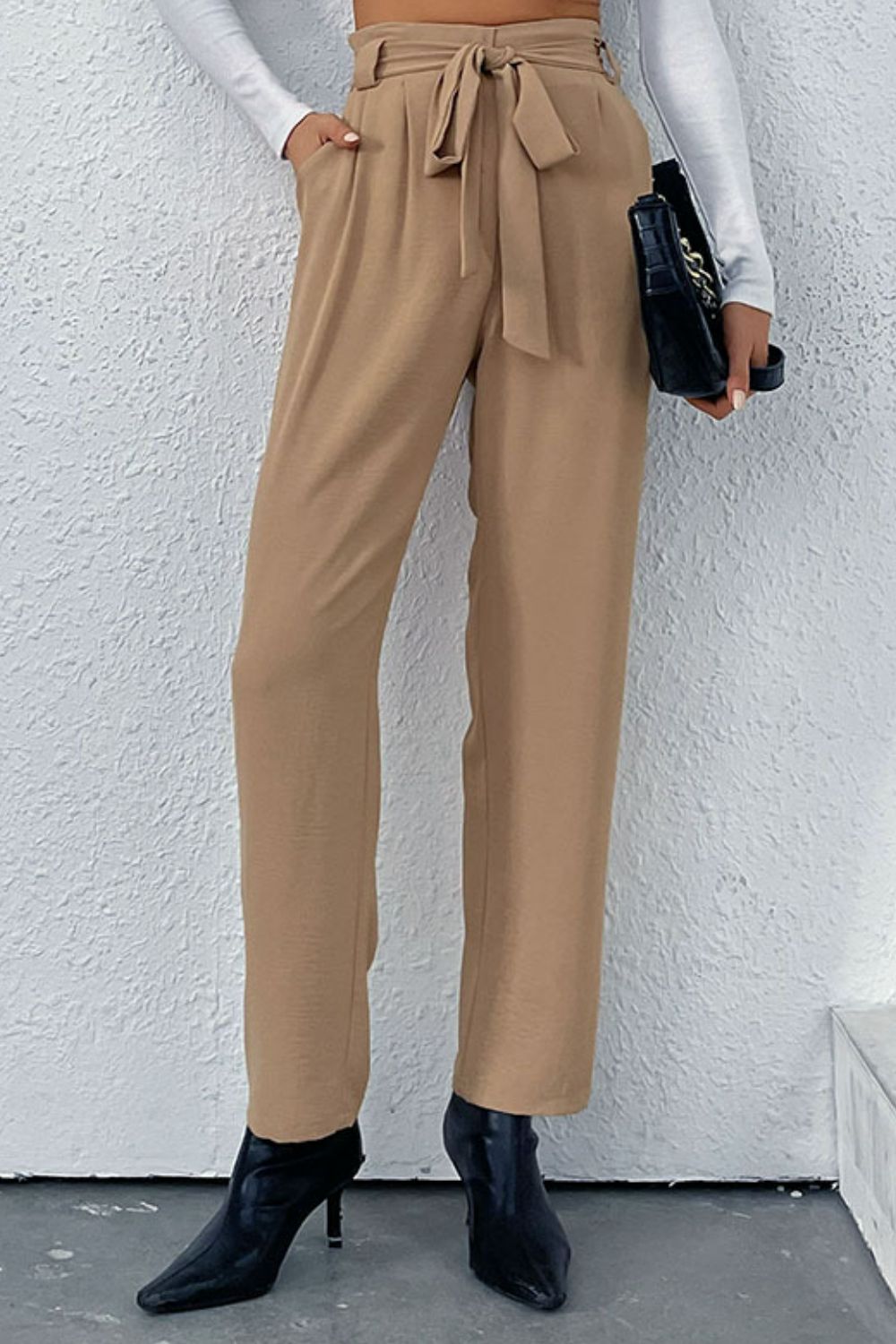 Belted Straight Leg Pants with Pockets-Teresa&#39;s Fashionista LLC