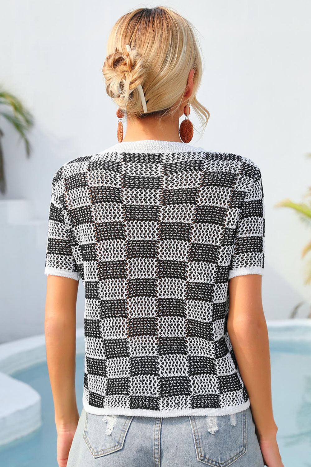 Checkered Short Sleeve Knit Top-Teresa&#39;s Fashionista LLC