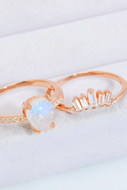 Natural Moonstone and Zircon 18K Rose Gold-Plated Two-Piece Ring Set-Teresa&#39;s Fashionista LLC