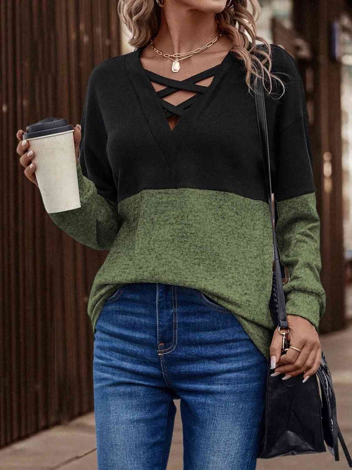 Two-Tone Crisscross Detail Sweatshirt-Teresa&#39;s Fashionista LLC