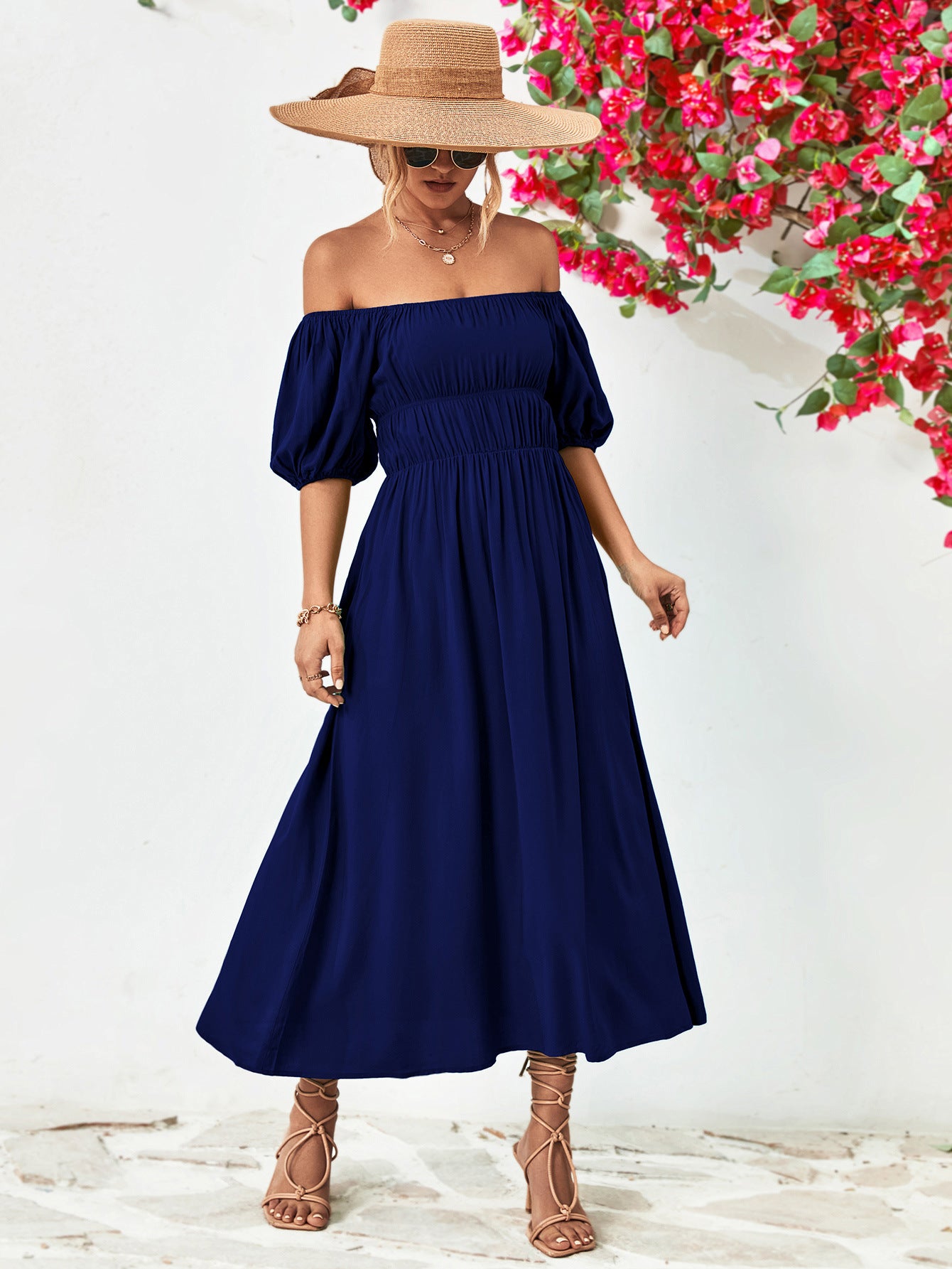 Off-Shoulder Balloon Sleeve Midi Dress-Teresa&#39;s Fashionista LLC