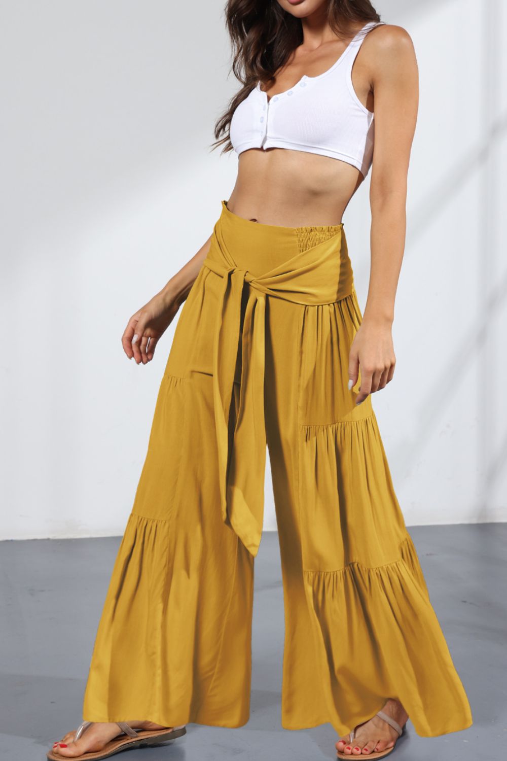 Tie Front Smocked Tiered Culottes-Teresa&#39;s Fashionista LLC