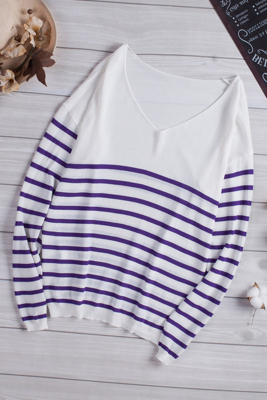 Striped V-Neck Long Sleeve Knit Top-Teresa&#39;s Fashionista LLC