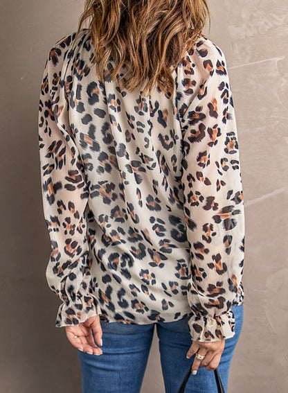 Leopard Button Down Ruched Flounce Sleeve Top-Teresa&#39;s Fashionista LLC