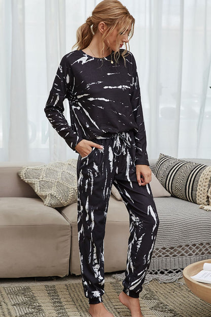 Tie-Dye Round Neck Top and Drawstring Waist Joggers Lounge Set-Teresa&#39;s Fashionista LLC