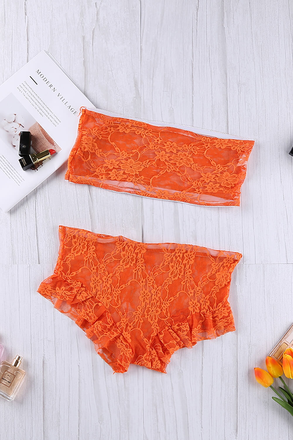 Lace Tube Top and Frill Trim Panty Lingerie Set-Teresa&#39;s Fashionista LLC