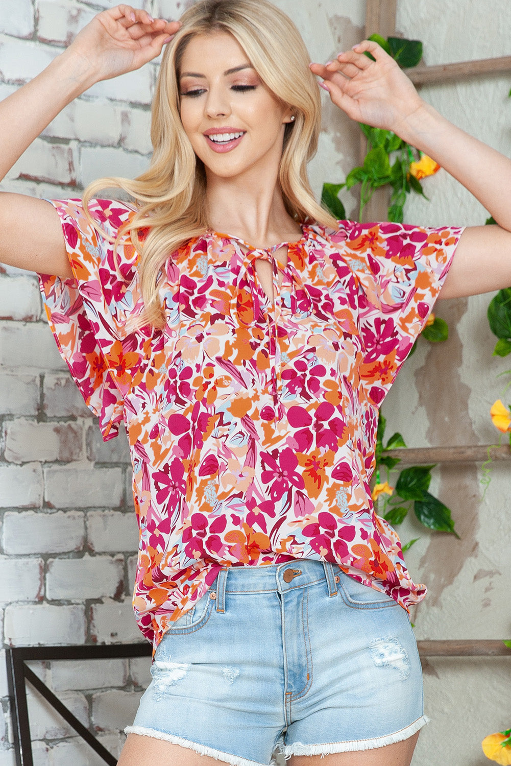 Floral Tie Neck Flutter Sleeve Blouse-Teresa&#39;s Fashionista LLC