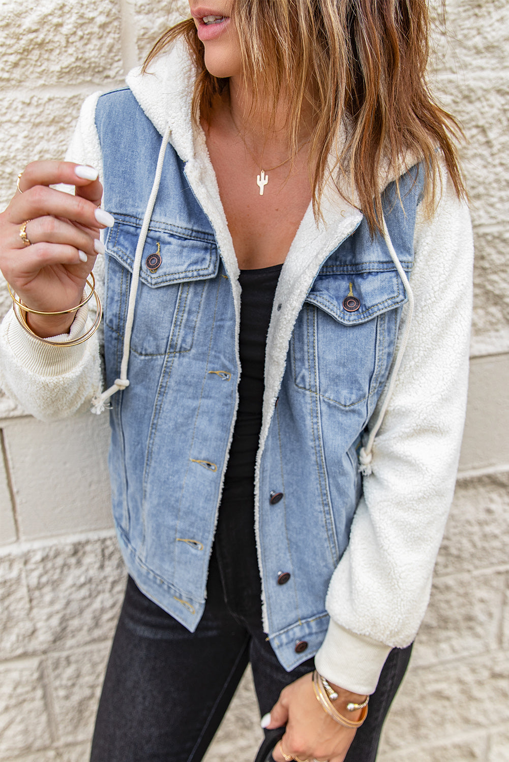 Two-Tone Spliced Denim Sherpa Hooded Jacket-Teresa&#39;s Fashionista LLC