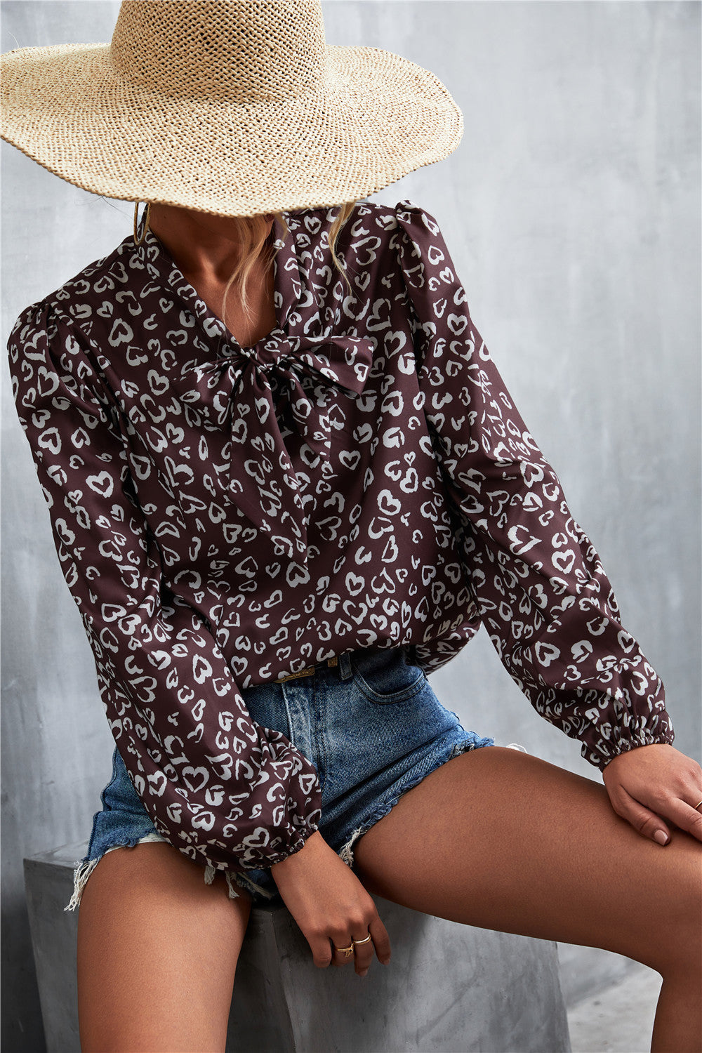 Printed Tie Neck Puff Sleeve Blouse-Teresa&#39;s Fashionista LLC