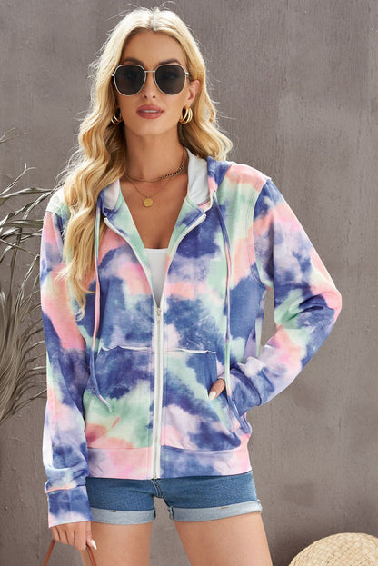 Tie-Dye Drawstring Detail Zip Up Hooded Jacket-Teresa&#39;s Fashionista LLC