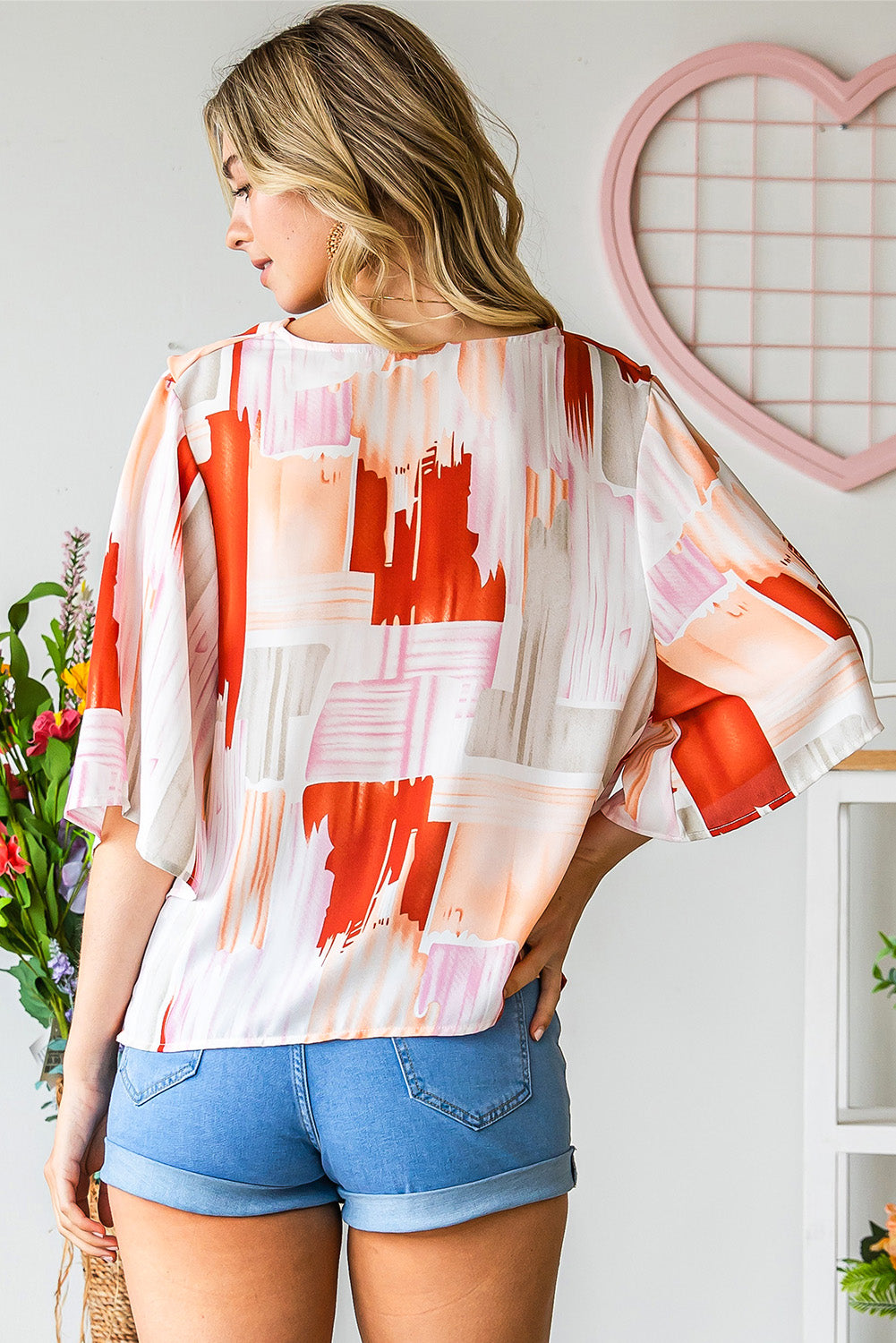 Printed Cowl Neck Half Sleeve Blouse-Teresa&#39;s Fashionista LLC