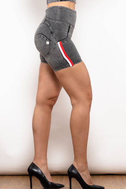 Full Size Side Stripe Zip Closure Denim Shorts-Teresa&#39;s Fashionista LLC