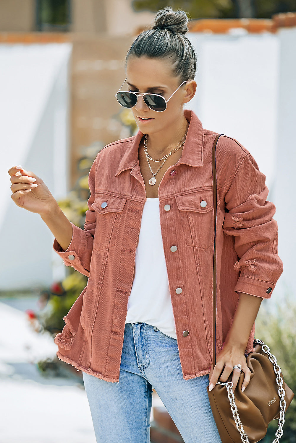 Distressed Raw Hem Denim Jacket-Teresa&#39;s Fashionista LLC