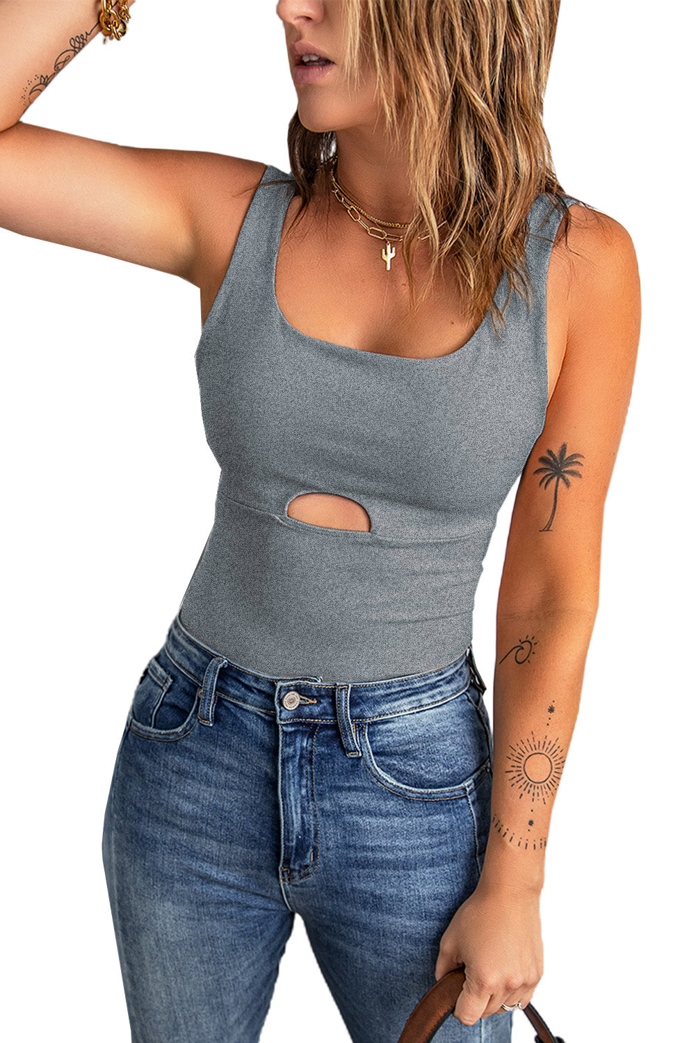 Heathered Cutout Scoop Neck Tank-Teresa&#39;s Fashionista LLC