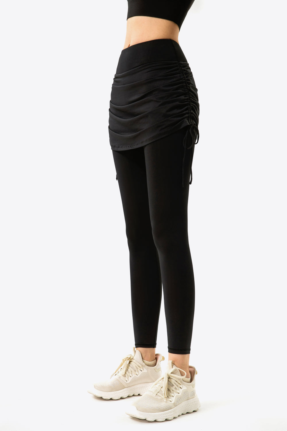 Drawstring Ruched Faux Layered Yoga Leggings-Teresa&#39;s Fashionista LLC