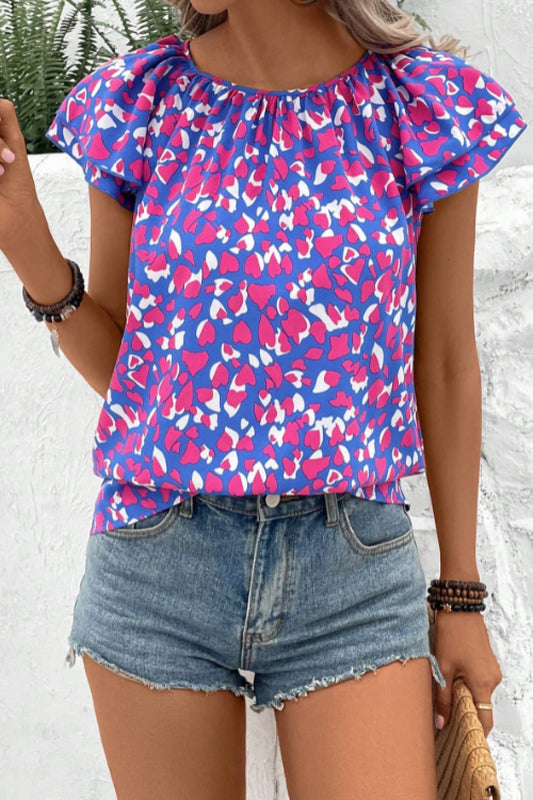 Printed Round Neck Flutter Sleeve Blouse-Teresa&#39;s Fashionista LLC