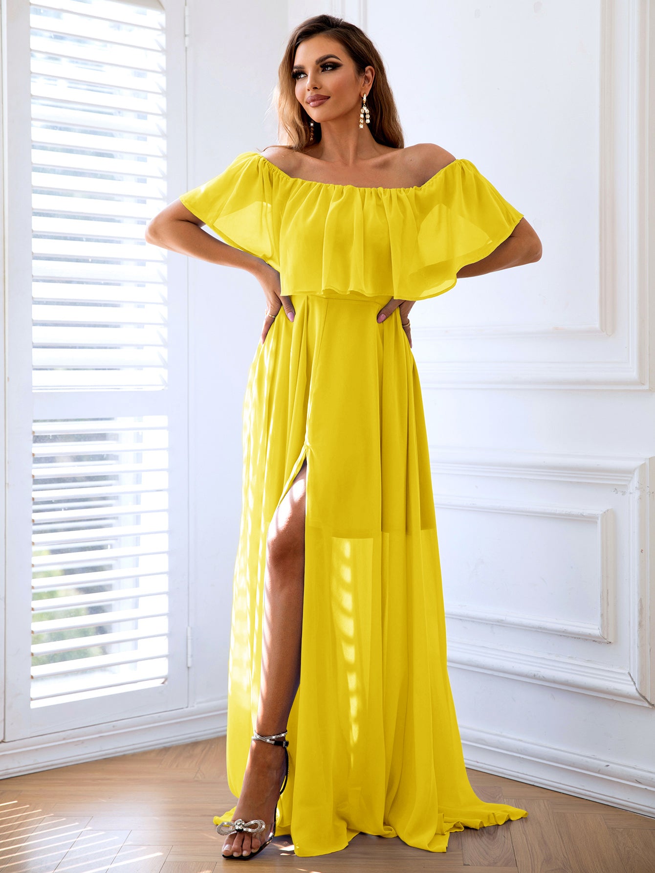 Off-Shoulder Layered Split Maxi Dress-Teresa&#39;s Fashionista LLC