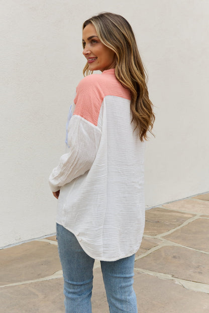 White Birch Full Size Color Block Woven Button Down Top-Teresa&#39;s Fashionista LLC