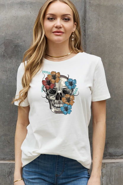 Simply Love Full Size Flower Skull Graphic Cotton Tee-Teresa&#39;s Fashionista LLC