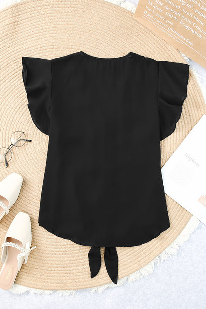 V-Neck Tie Hem Flutter Sleeve Blouse-Teresa&#39;s Fashionista LLC