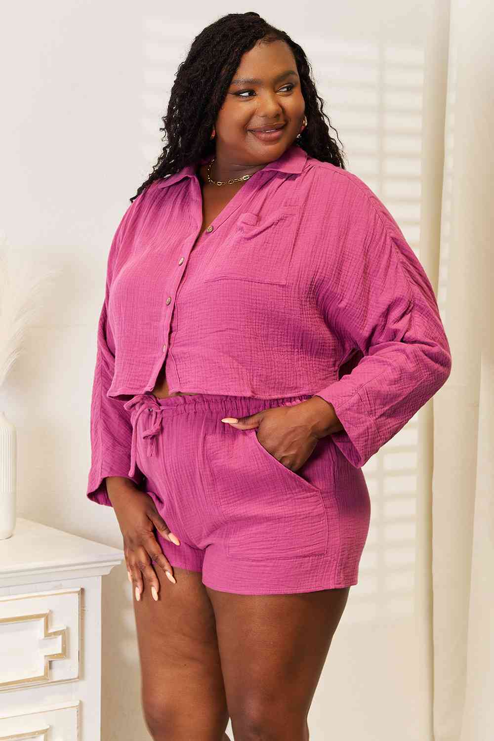 Basic Bae Buttoned Long Sleeve Top and Shorts Set-Teresa&#39;s Fashionista LLC