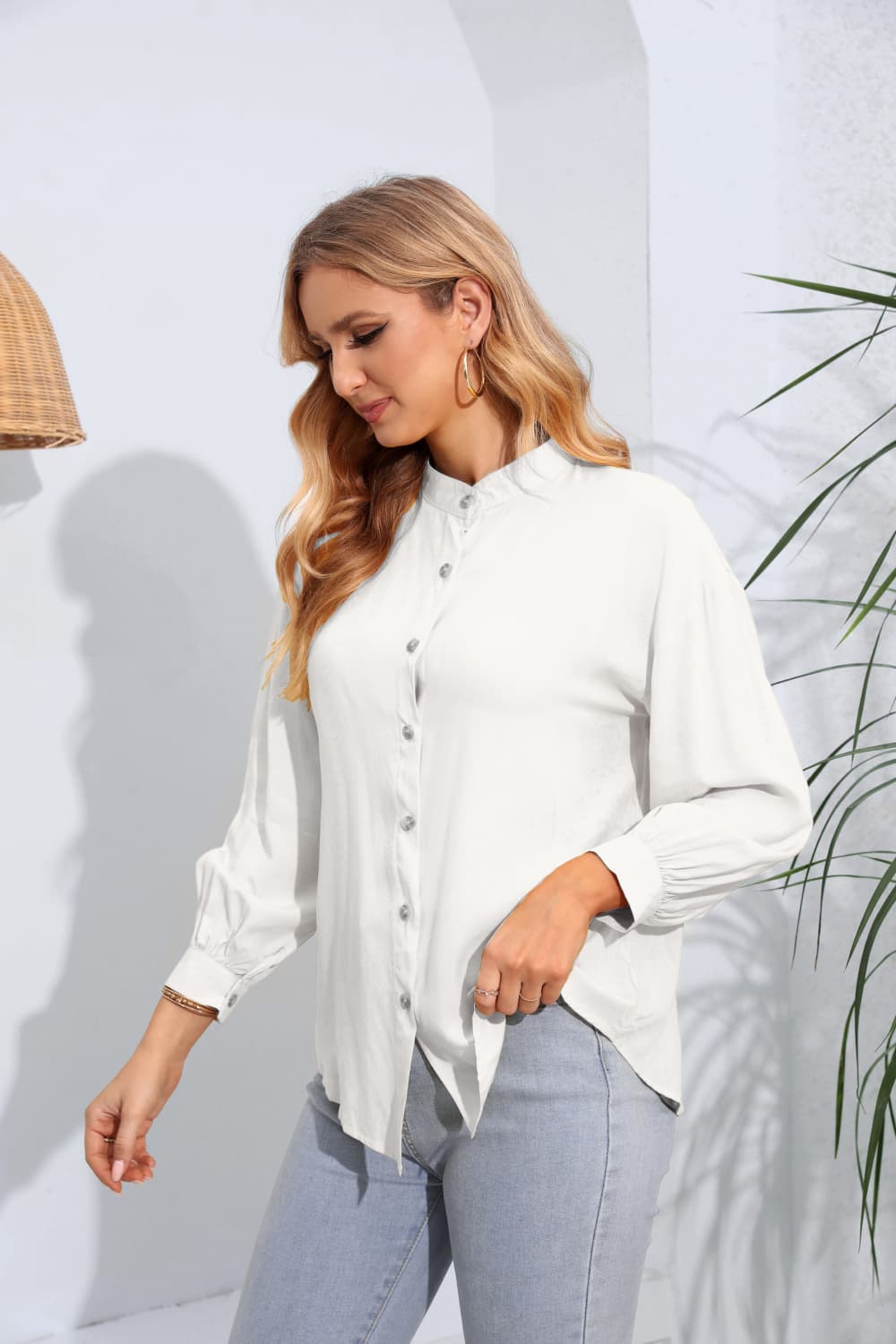 Mock Neck Buttoned Long Sleeve Shirt-Teresa&#39;s Fashionista LLC