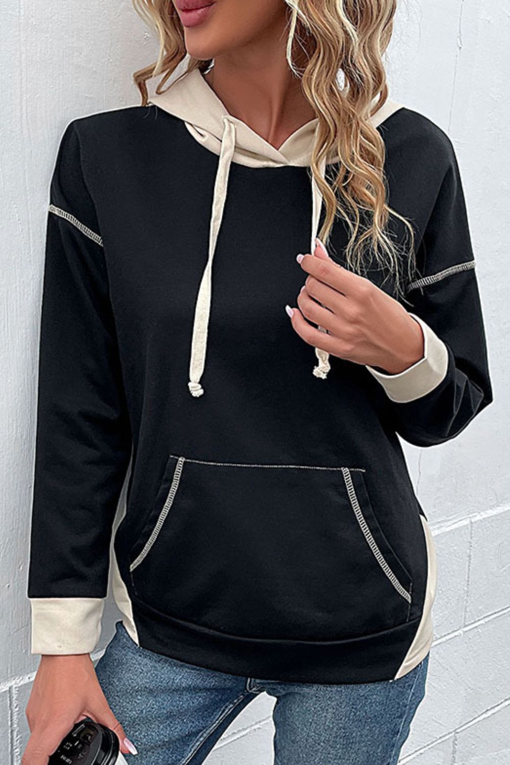 Contrast Drawstring Detail Drop Shoulder Hoodie-Teresa&#39;s Fashionista LLC