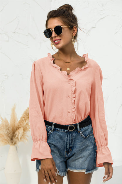 Frill Trim V-Neck Flounce Sleeve Shirt-Teresa&#39;s Fashionista LLC