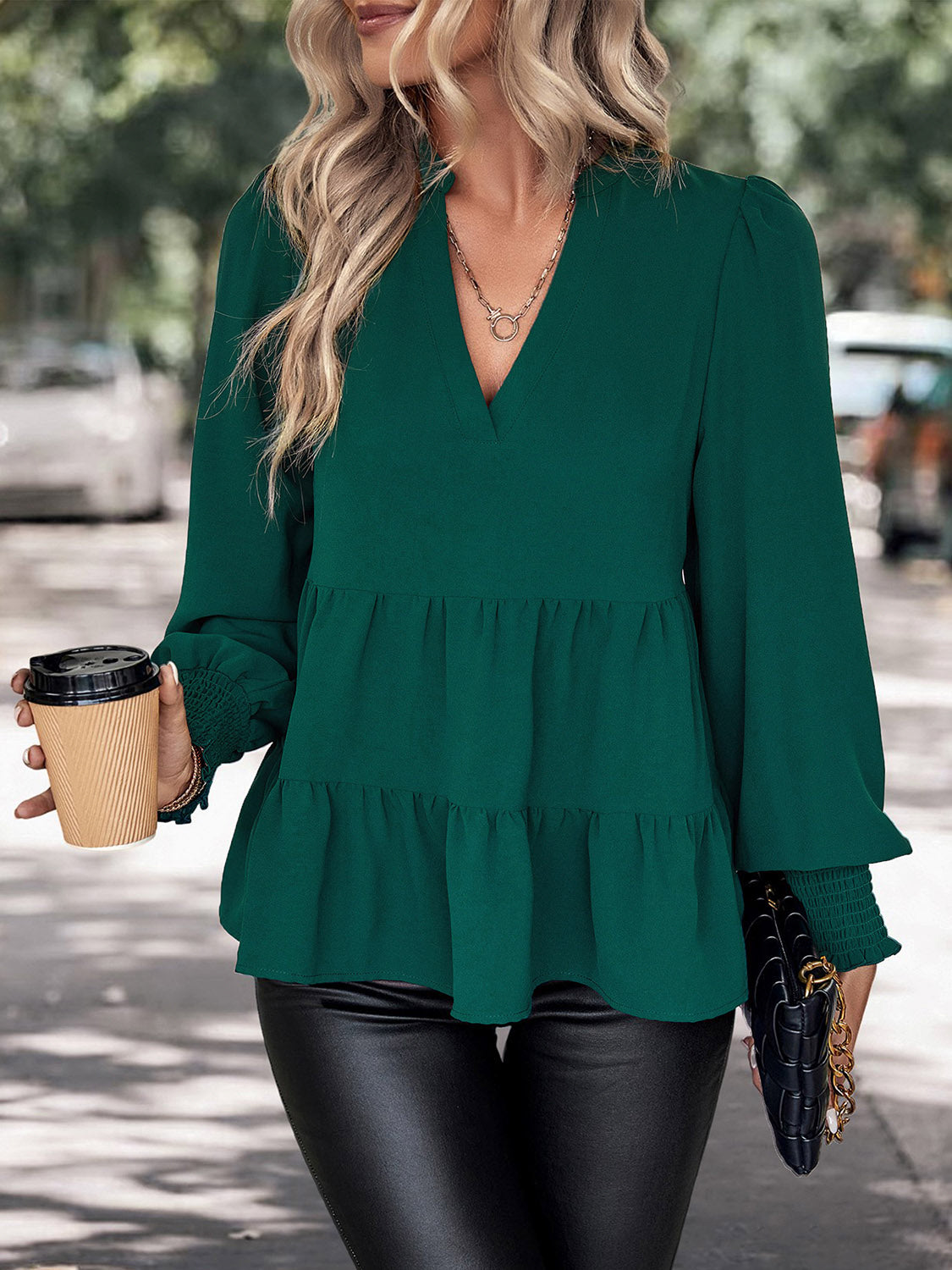 Notched Neck Lantern Sleeve Blouse-Teresa&#39;s Fashionista LLC