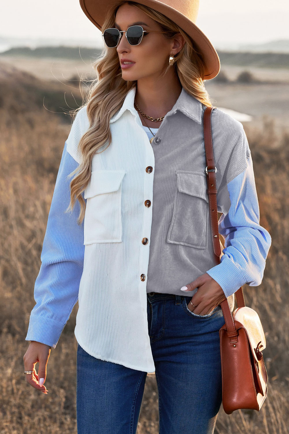 Color Block Button Front Shirt with Pockets-Teresa&#39;s Fashionista LLC