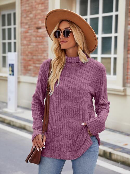 Ribbed Turtleneck Long Sleeve Slit Knit Top-Teresa&#39;s Fashionista LLC