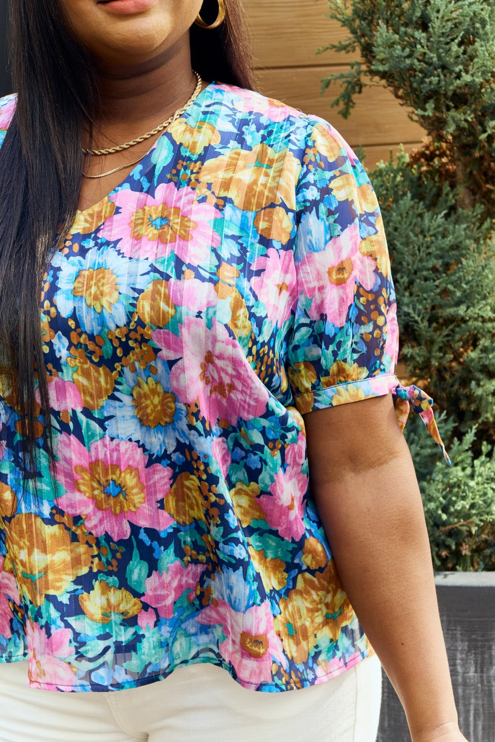 Petal Dew Full Size Floral V-Neck Tie Detail Blouse-Teresa&#39;s Fashionista LLC