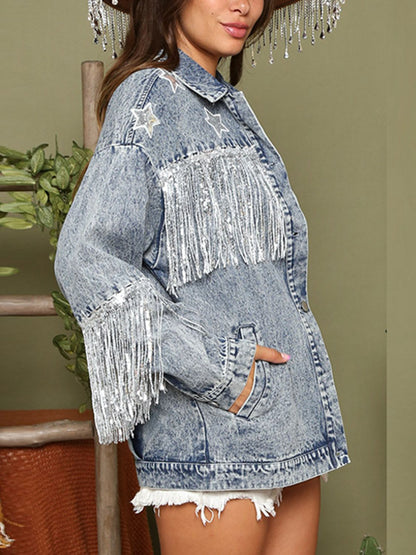 Fringe Detail Long Sleeve Denim Jacket-Teresa&#39;s Fashionista LLC