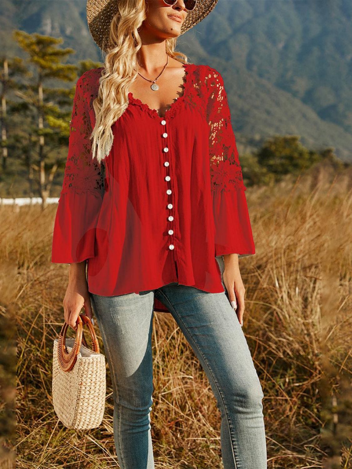 Spliced Lace Buttoned Blouse-Teresa&#39;s Fashionista LLC