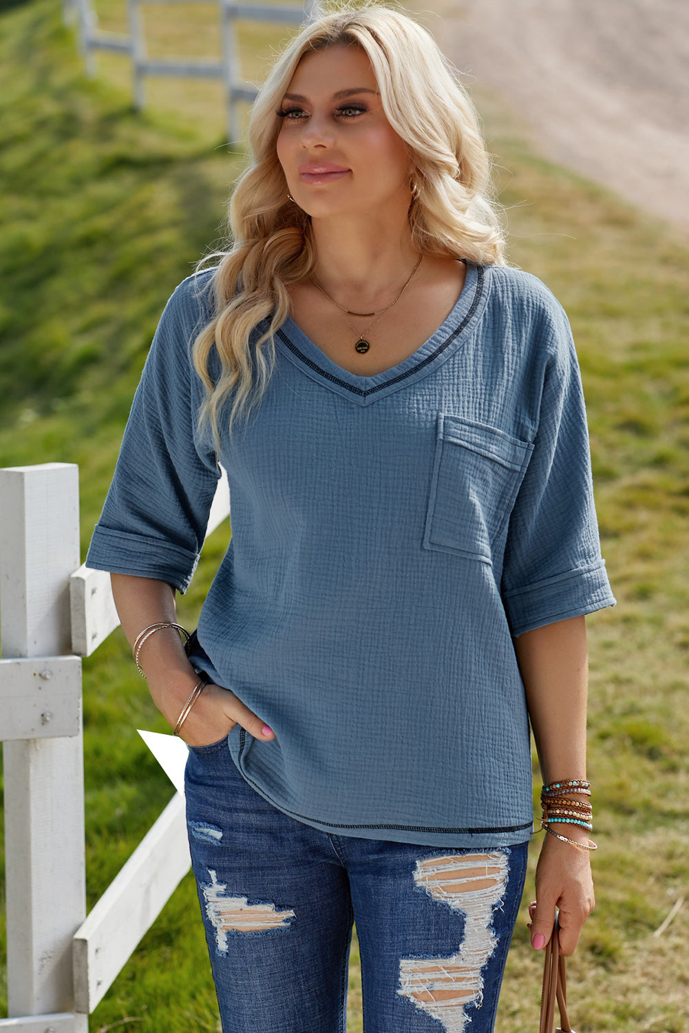 Textured V-Neck Half Sleeve Blouse-Teresa&#39;s Fashionista LLC