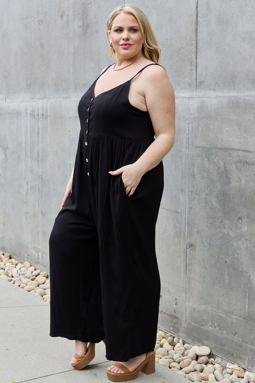 HEYSON All Day Full Size Wide Leg Button Down Jumpsuit in Black-Teresa&#39;s Fashionista LLC