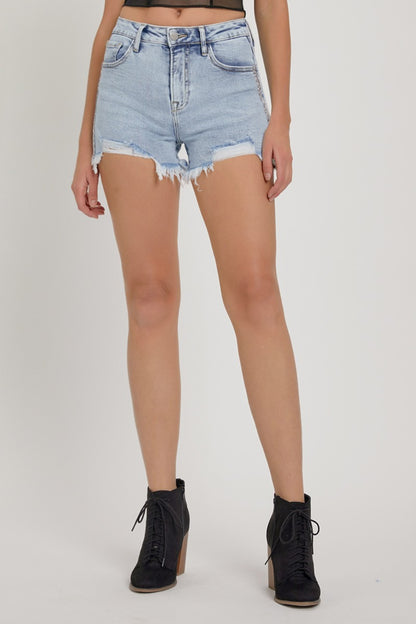 RISEN Full Size High Rise Rhinestone Strap Embellished Denim Shorts-Teresa&#39;s Fashionista LLC