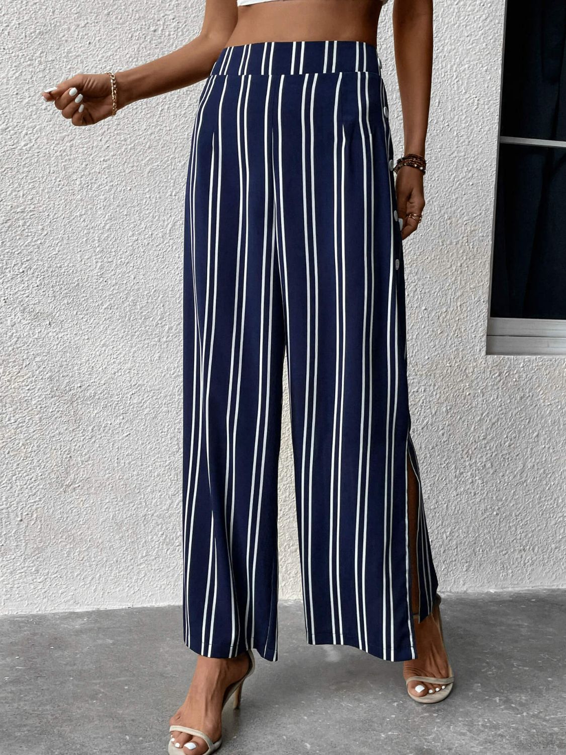 Striped Slit Wide Leg Pants-Teresa&#39;s Fashionista LLC