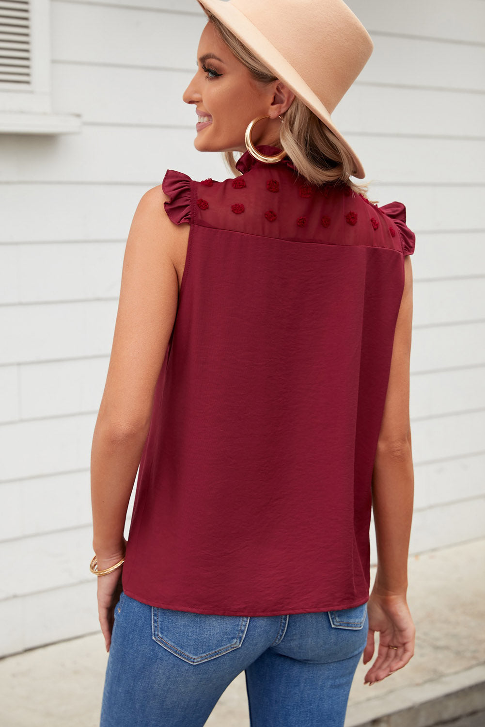 Swiss Dot Buttoned Ruffle Trim Tank-Teresa&#39;s Fashionista LLC