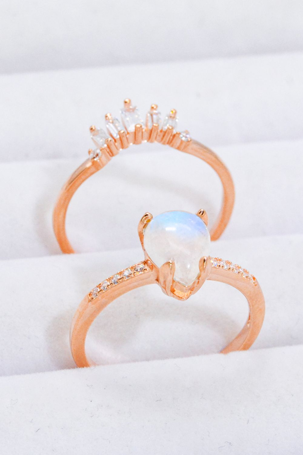 Natural Moonstone and Zircon 18K Rose Gold-Plated Two-Piece Ring Set-Teresa&#39;s Fashionista LLC