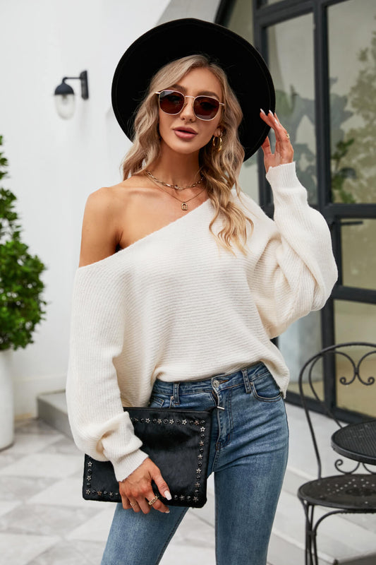 Boat Neck Horizontal Ribbing Dolman Sleeve Sweater-Teresa&#39;s Fashionista LLC